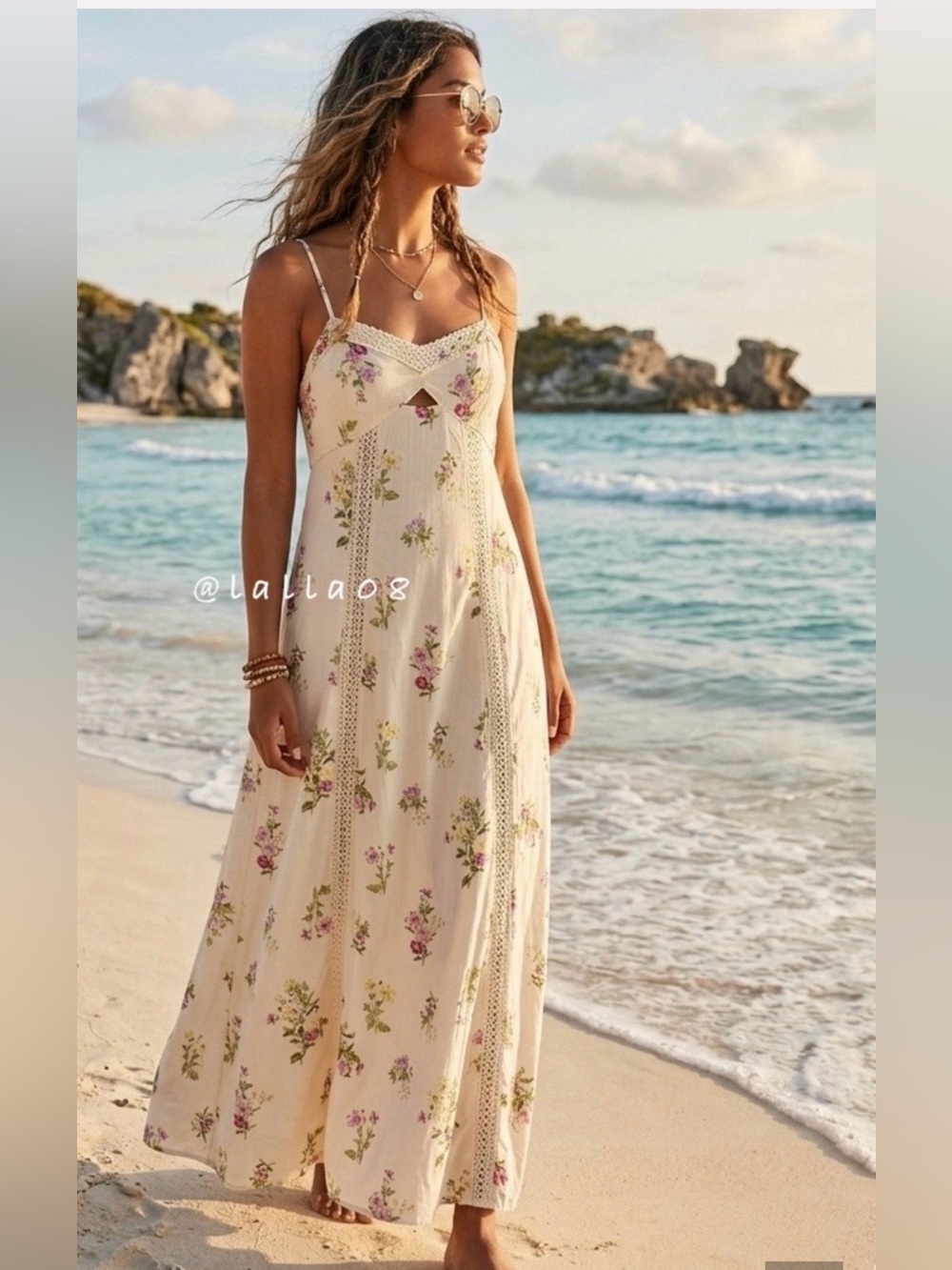 Caroline Constas Cream Floral Linen Crochet Inset Maxi Dress